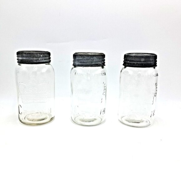 Crown Mason Jars-Glass Lids-Zinc Rings-Dominion Glass of Montreal-Set of 3-VTG - Picture 1 of 13